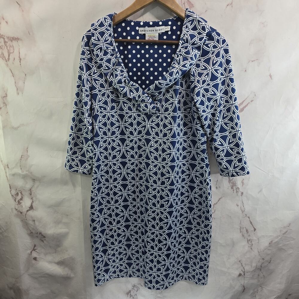 Gretchen Scott Dress Womens Small Blue White Neoprene Ruffle Snap V Geometric